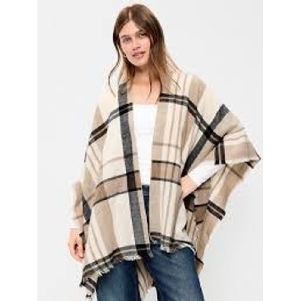 Old Navy Plaid Open Front Poncho Wrap Neutral Soft Tan Sweater Shawl Cape OS NWT